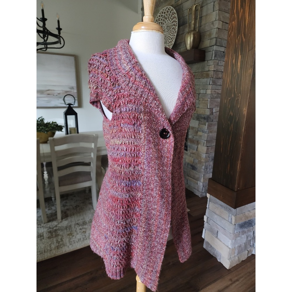 Y2K Womens Medium Pink Multi Space Dye Knit Longline Cardigan Vest Cap Sleeve